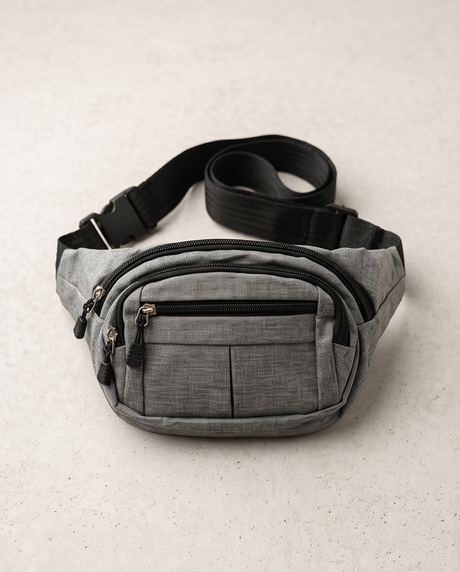 Multifunktionale Gürteltasche in Grau-Melange – Bauchtasche mit großem Fassungsvermögen