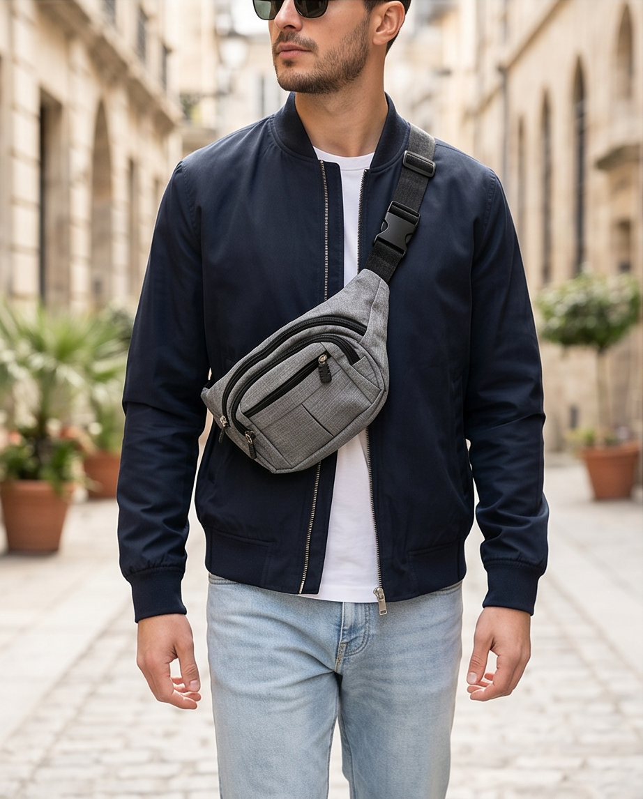 Multifunktionale Gürteltasche in Grau-Melange – Bauchtasche mit großem Fassungsvermögen