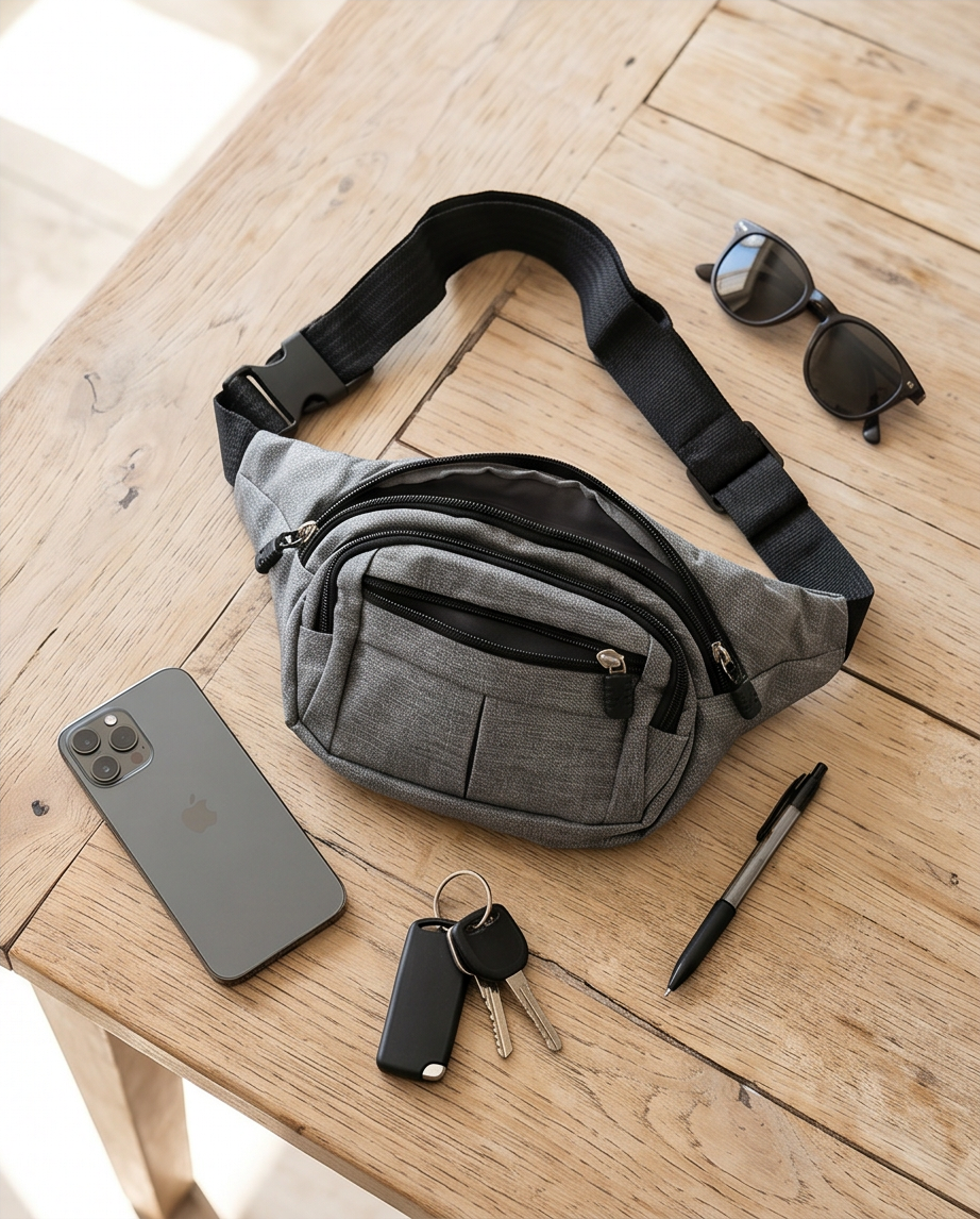 Multifunktionale Gürteltasche in Grau-Melange – Bauchtasche mit großem Fassungsvermögen