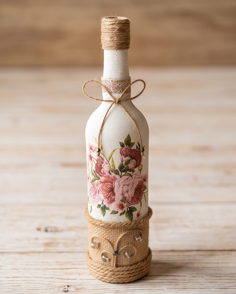 Handmade - Glasflasche mit Jute und Rosenmotiv | Vase | Deko | Vintage