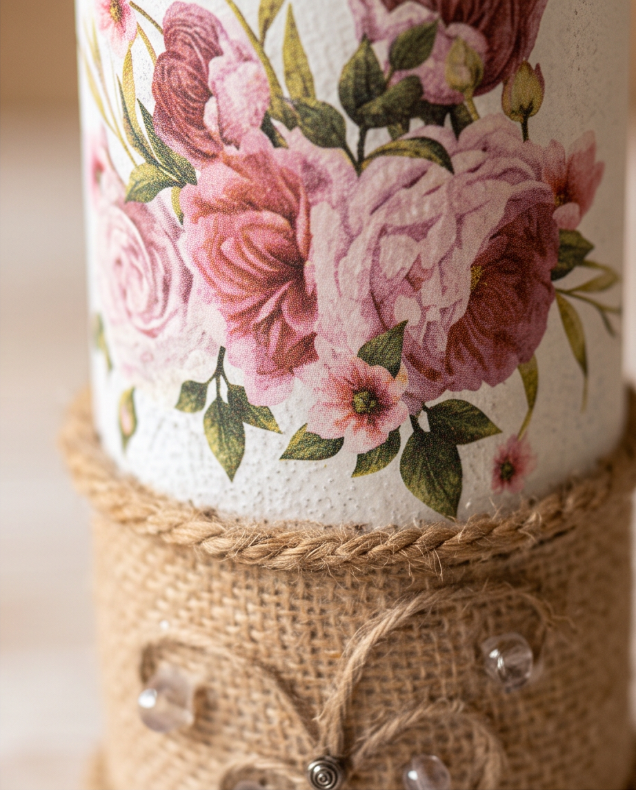 Handmade - Glasflasche mit Jute und Rosenmotiv | Vase | Deko | Vintage