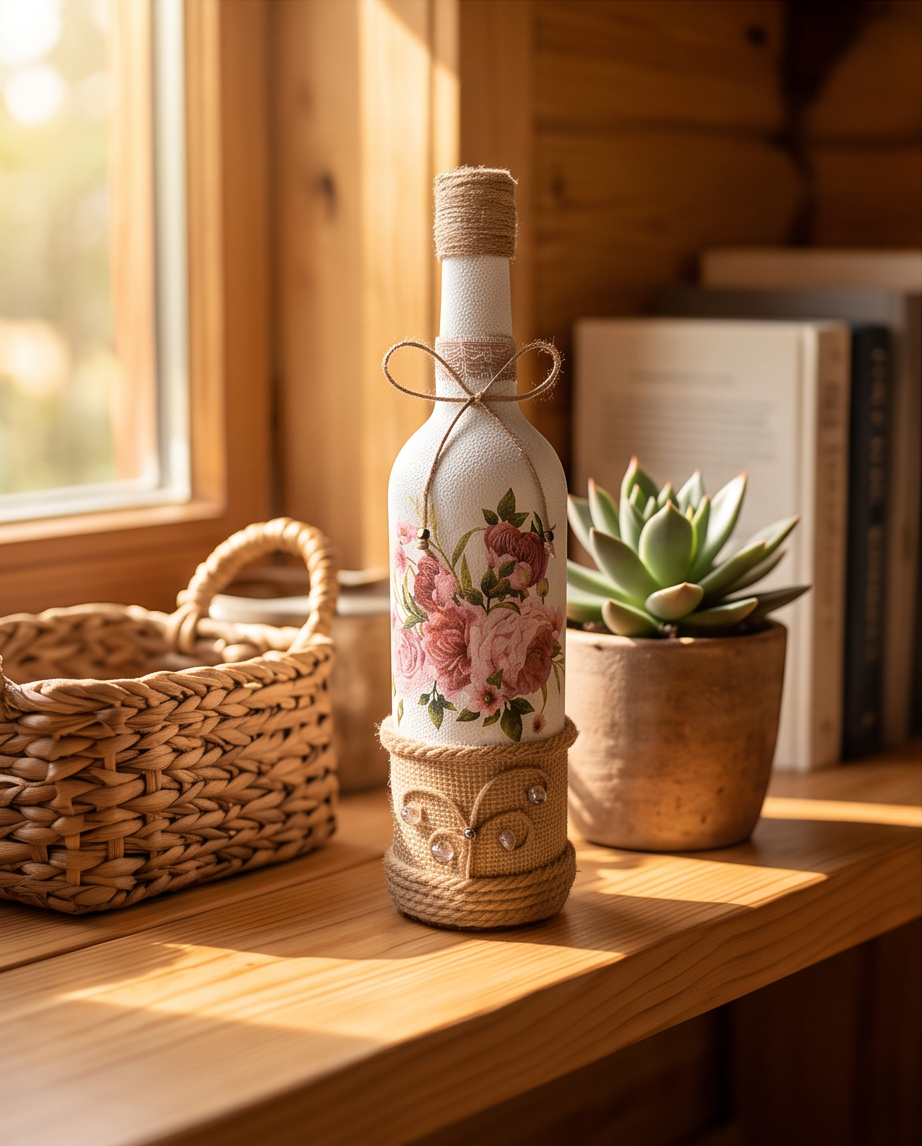 Handmade - Glasflasche mit Jute und Rosenmotiv | Vase | Deko | Vintage