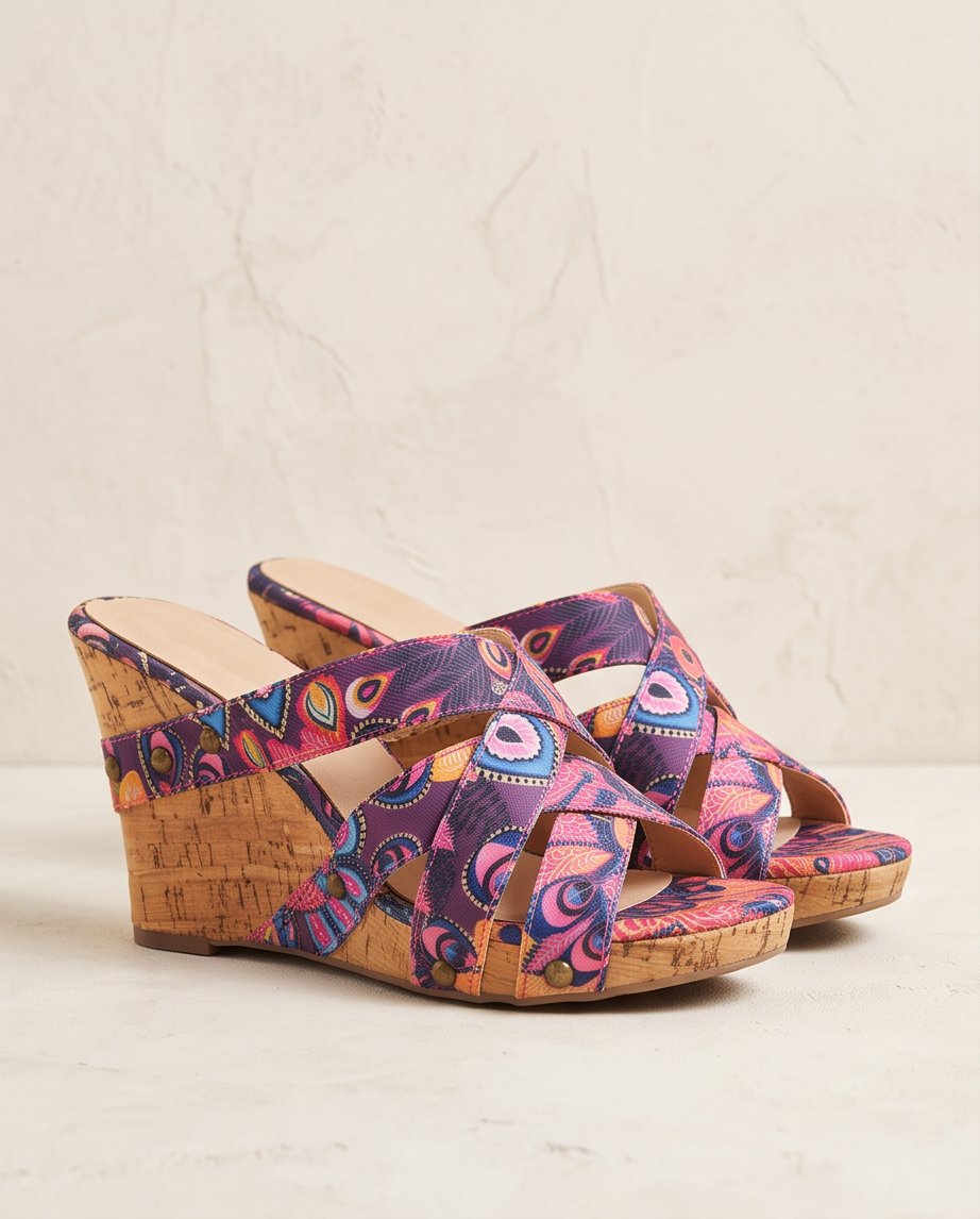 2nd Hand | Graceland Keilsandaletten / Wedges Gr. 40 – Buntes Pfauenfeder-Muster – Sommer-Look