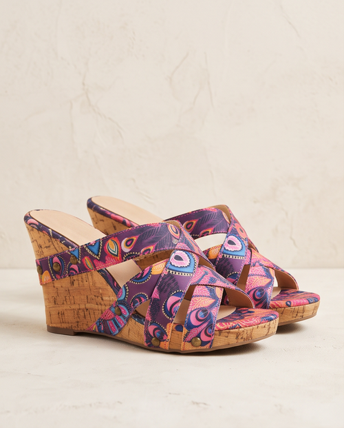 2nd Hand | Graceland Keilsandaletten / Wedges Gr. 40 – Buntes Pfauenfeder-Muster – Sommer-Look