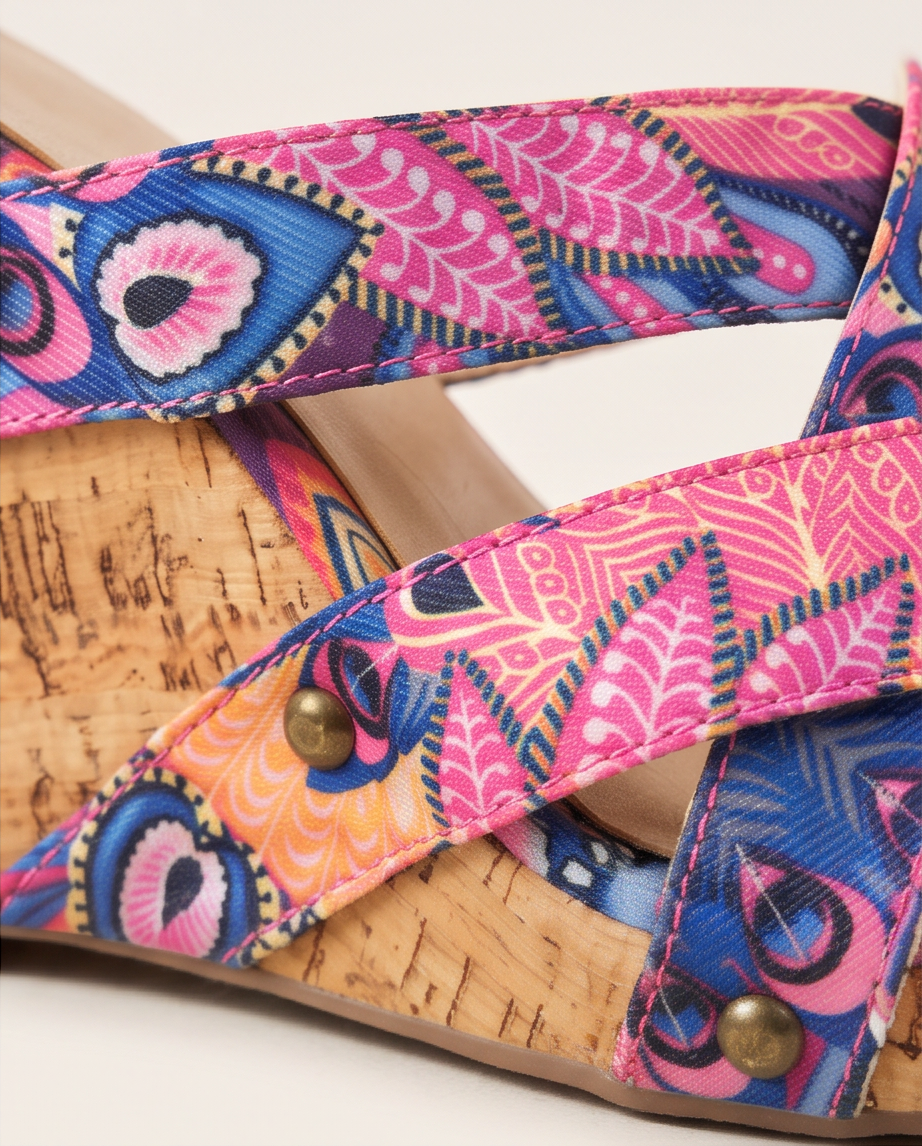 2nd Hand | Graceland Keilsandaletten / Wedges Gr. 40 – Buntes Pfauenfeder-Muster – Sommer-Look