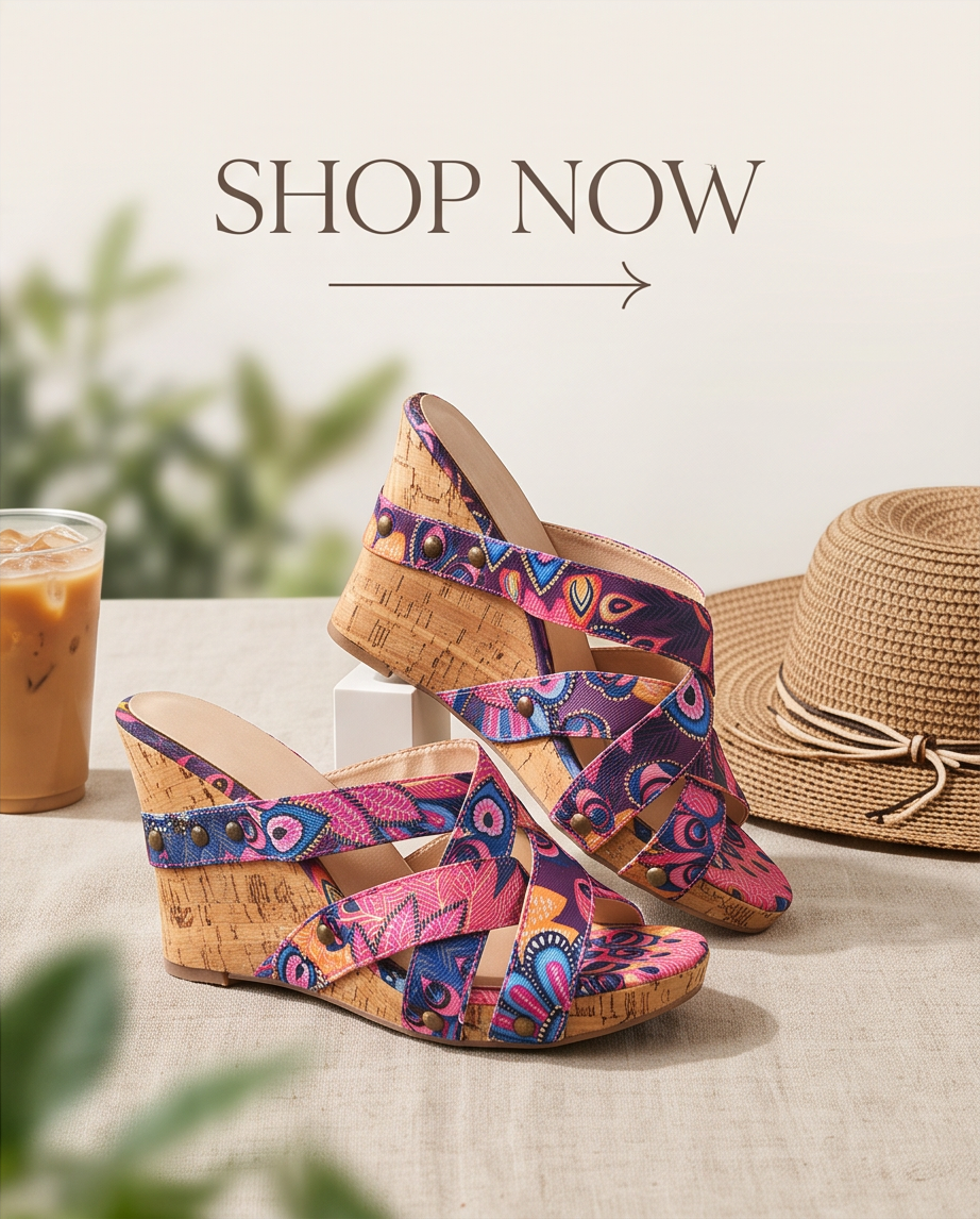 2nd Hand | Graceland Keilsandaletten / Wedges Gr. 40 – Buntes Pfauenfeder-Muster – Sommer-Look