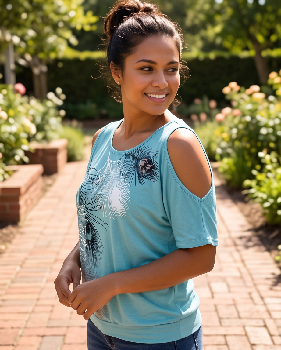 2nd Hand | Yidarton Cold-Shoulder Shirt Hellblau – Gr. S – Pfauenfeder-Print