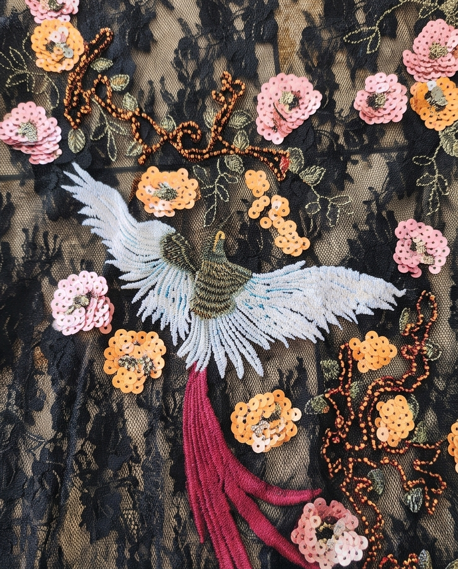 2nd Hand | Flame Spitzen-Shirt Transparent – Gr. M – Aufwendiger Vogel-Print & Pailletten