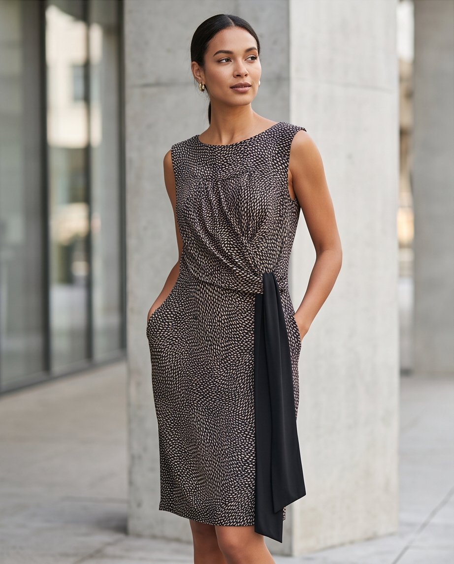 2nd Hand | Promod Kleid / Etuikleid Gr. 40 – Schwarz/Beige gemustert – Elegante Raffung