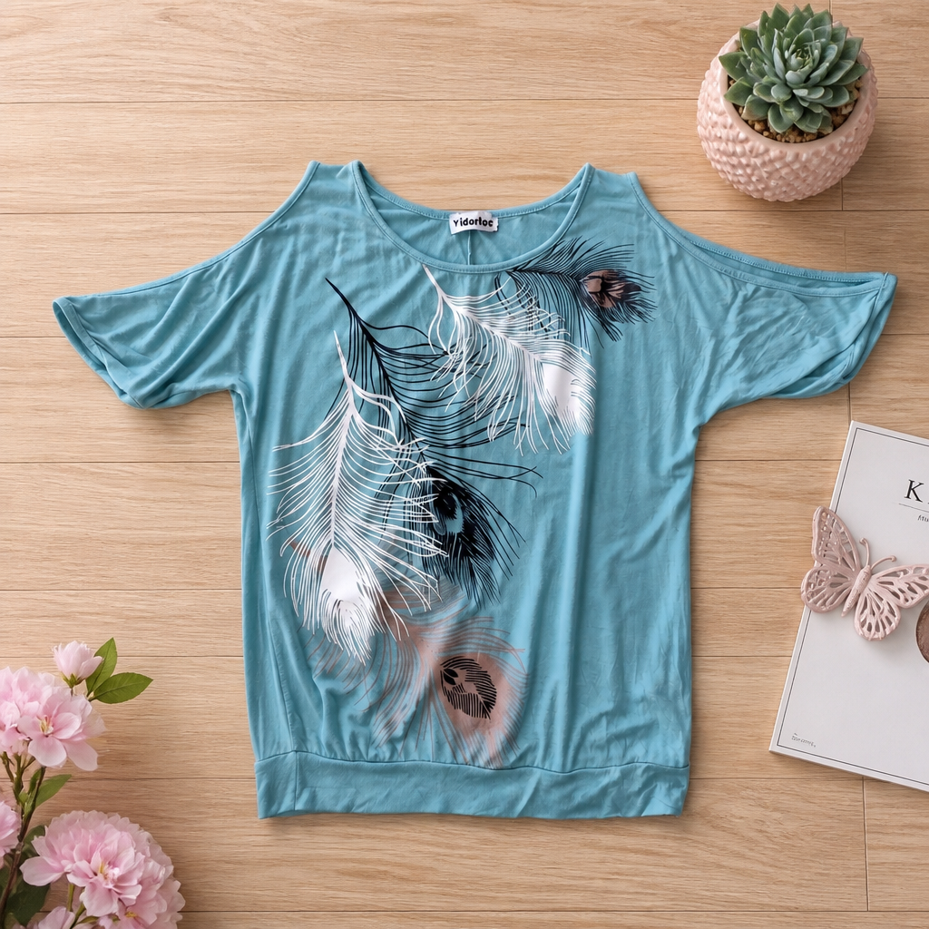 2nd Hand | Yidarton Cold-Shoulder Shirt Hellblau – Gr. S – Pfauenfeder-Print
