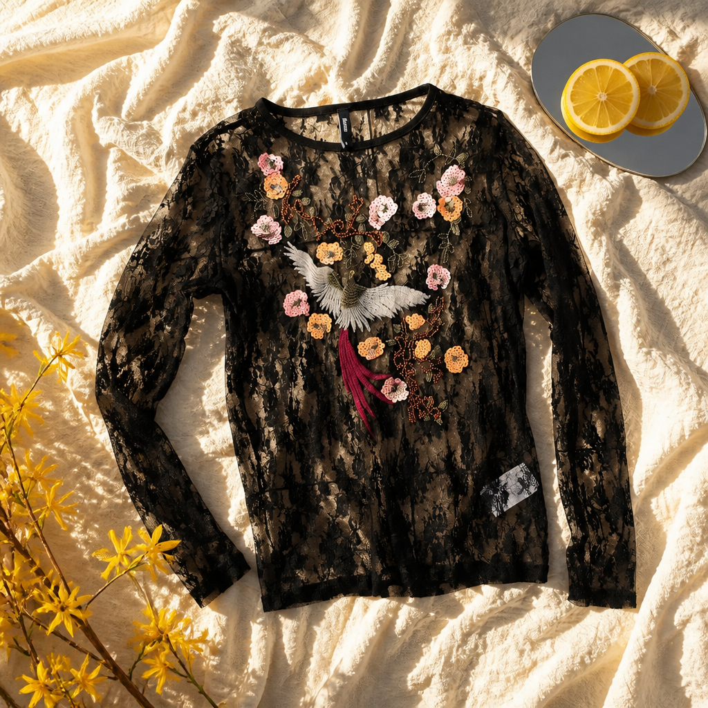 2nd Hand | Flame Spitzen-Shirt Transparent – Gr. M – Aufwendiger Vogel-Print & Pailletten