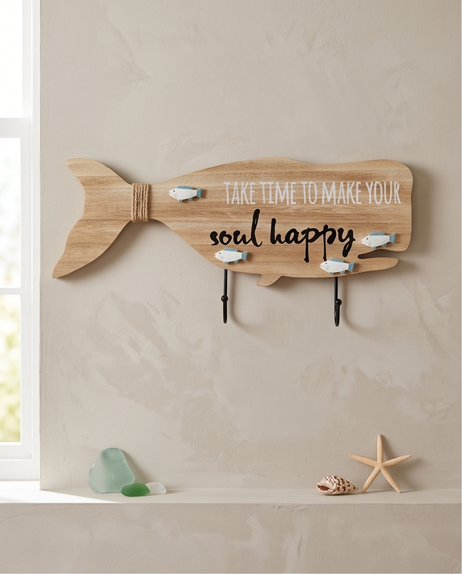 Maritime Holz-Wandgarderobe Wal 40x19cm – Schlüsselbrett mit Spruch & Haken