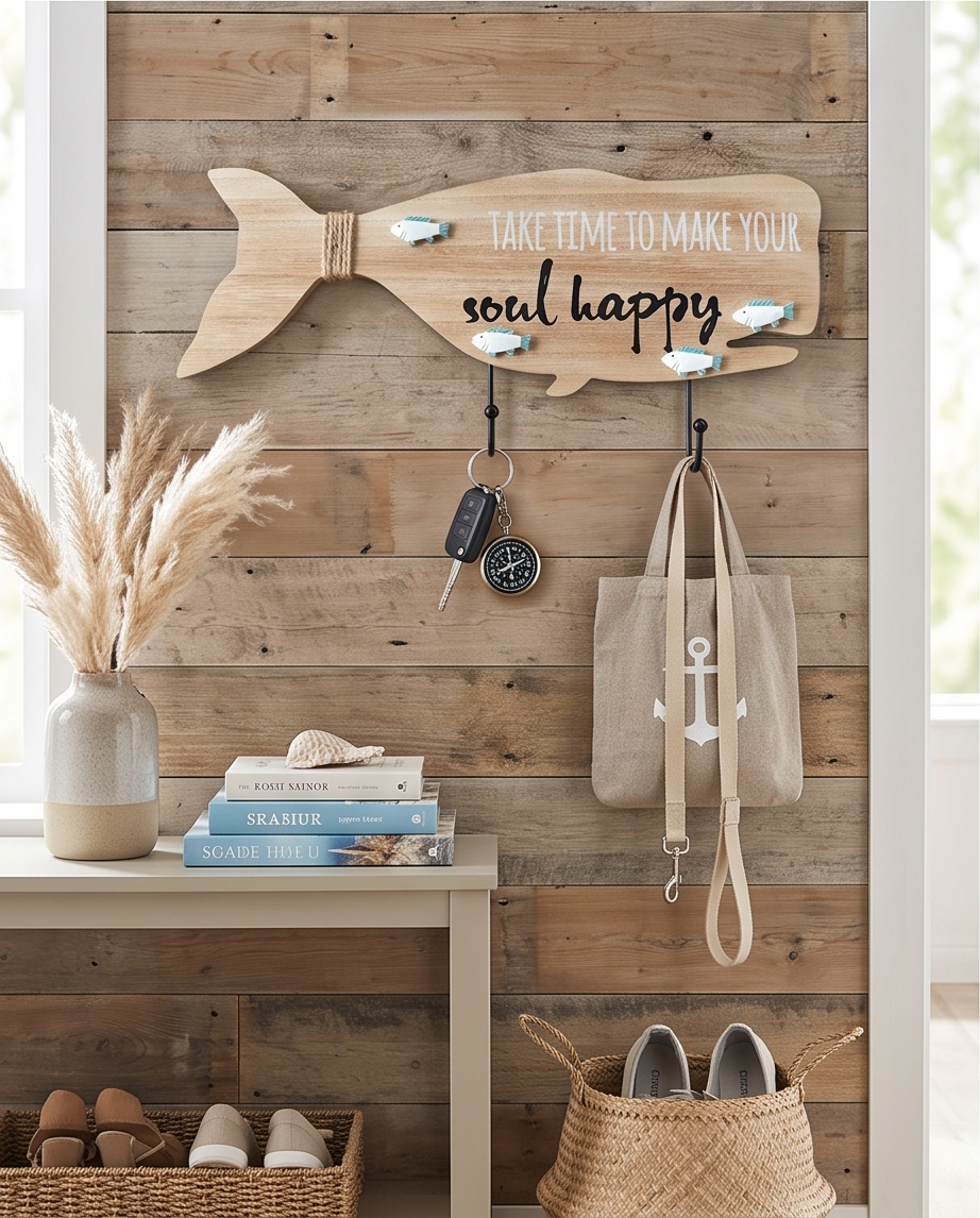 Maritime Holz-Wandgarderobe Wal 40x19cm – Schlüsselbrett mit Spruch & Haken