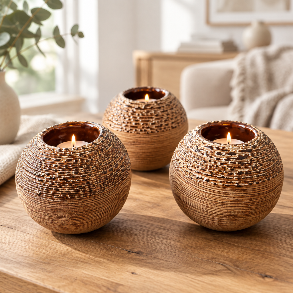 3er Set Keramik Teelichthalter Braun-Beige – Rustikale Kugel-Windlichter Ø 10cm