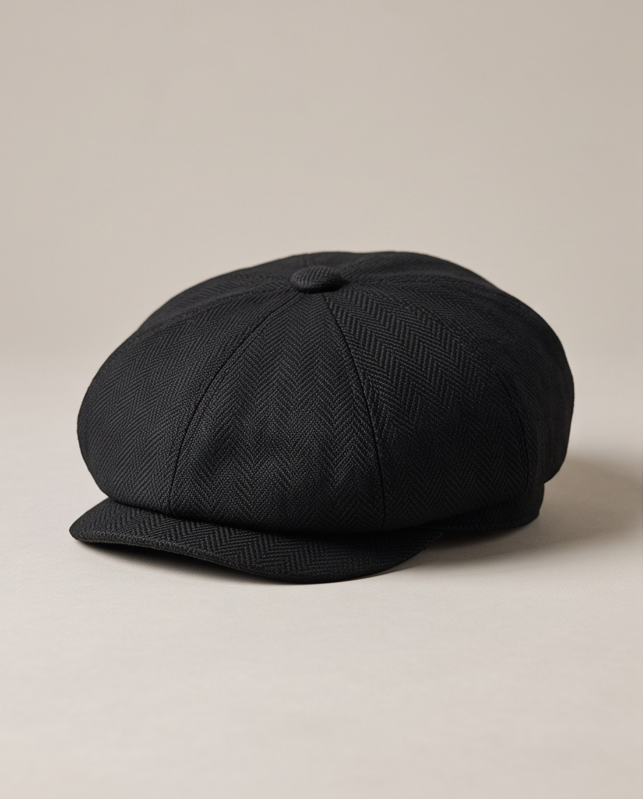 Beechfield Heritage Baker Boy Cap – Klassische Schiebermütze mit Fischgrätmuster (Schwarz) – Neu mit Etikett