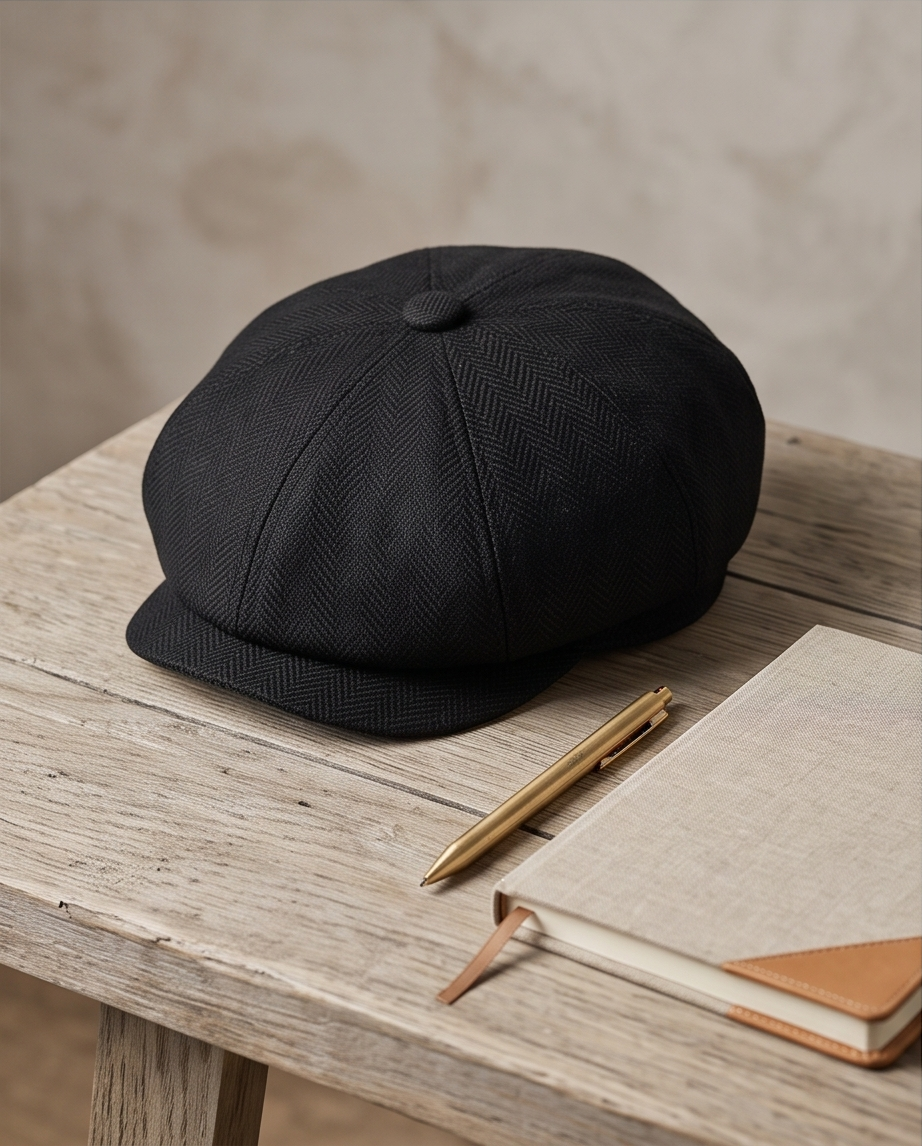 Beechfield Heritage Baker Boy Cap – Klassische Schiebermütze mit Fischgrätmuster (Schwarz) – Neu mit Etikett