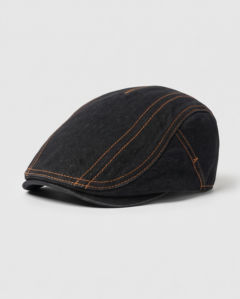 Denim Flatcap mit Kontrastnähten – Lässige Jeans Schiebermütze (Schwarz) – Unisex Einheitsgröße (Neu)