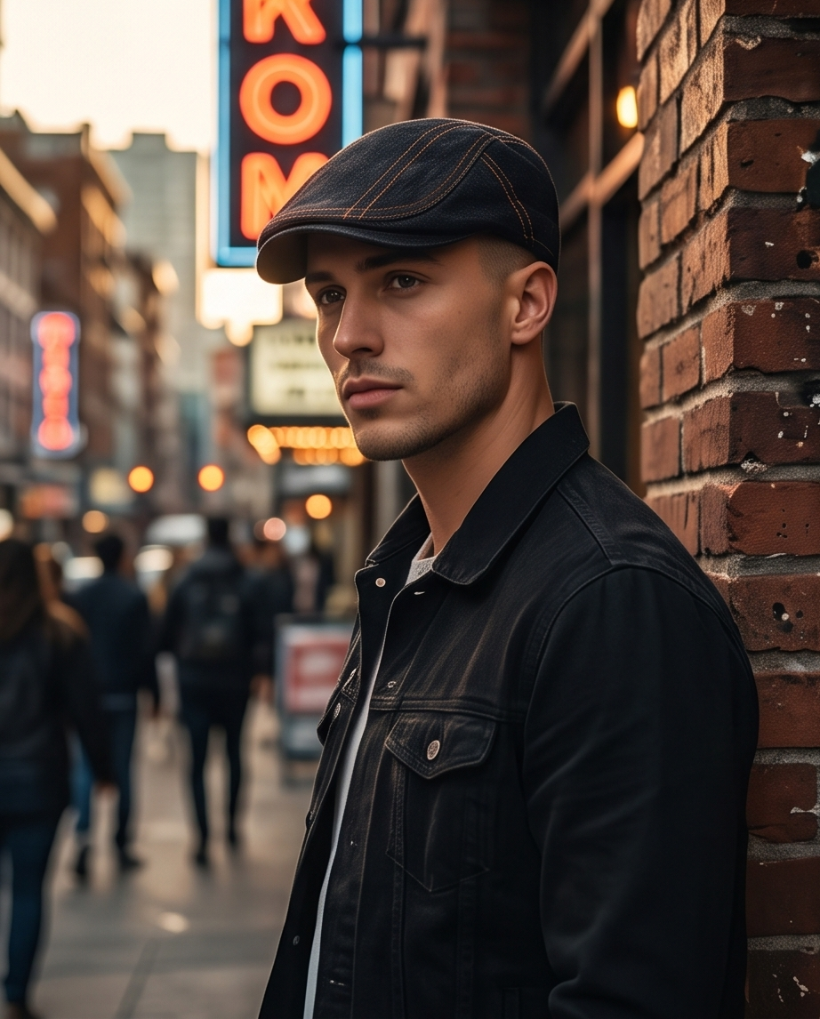 Denim Flatcap mit Kontrastnähten – Lässige Jeans Schiebermütze (Schwarz) – Unisex Einheitsgröße (Neu)