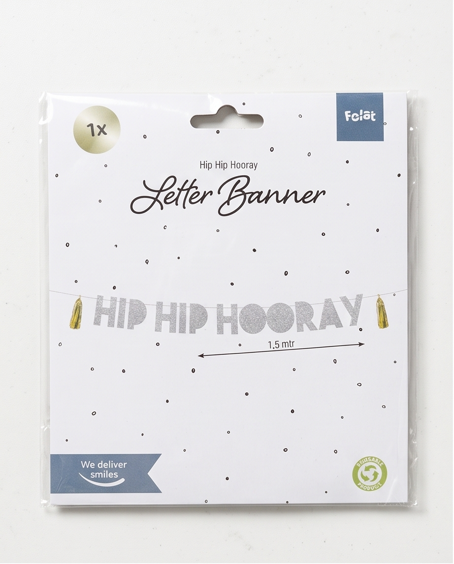 Folat Buchstaben-Banner „Hip Hip Hooray“ Silber Glitzer – Girlande 1,5m