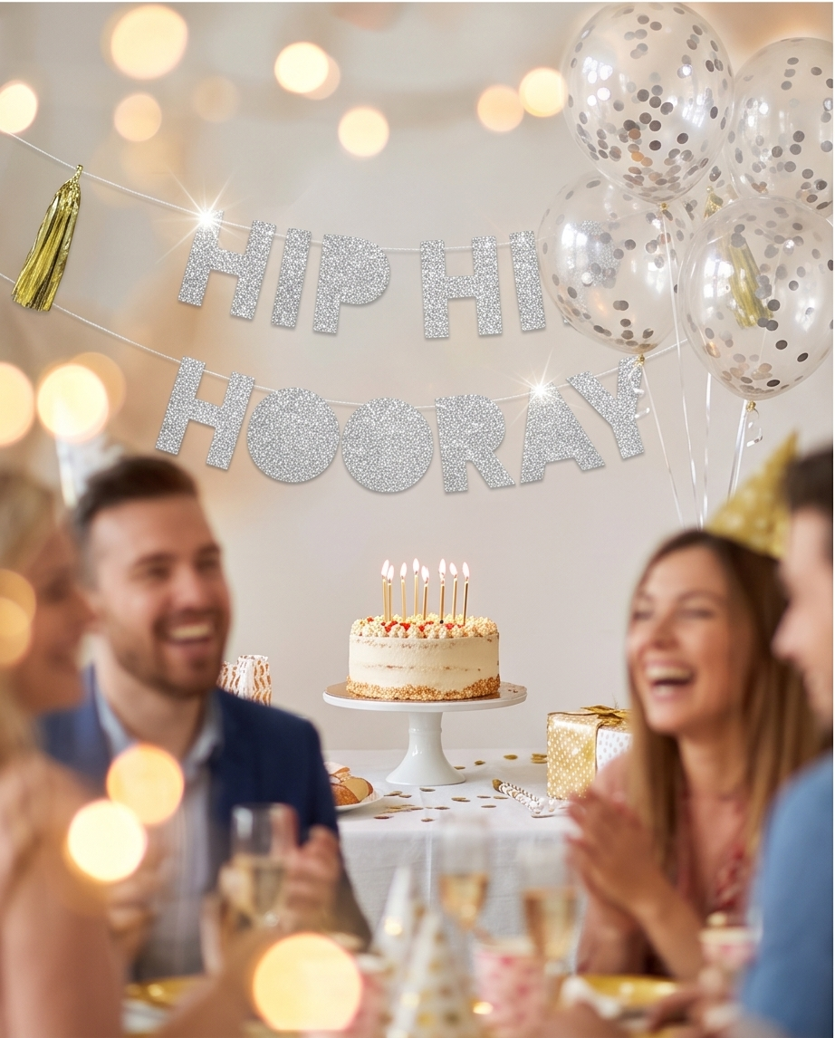 Folat Buchstaben-Banner „Hip Hip Hooray“ Silber Glitzer – Girlande 1,5m