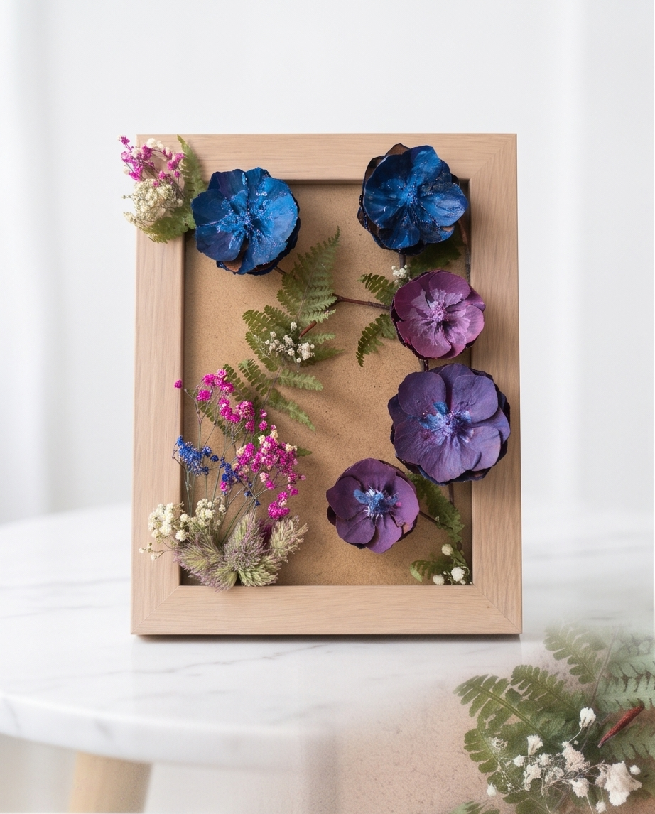Handmade - Bild mit Blumen im Rahmen | Blumenbild | Tannenzapfen