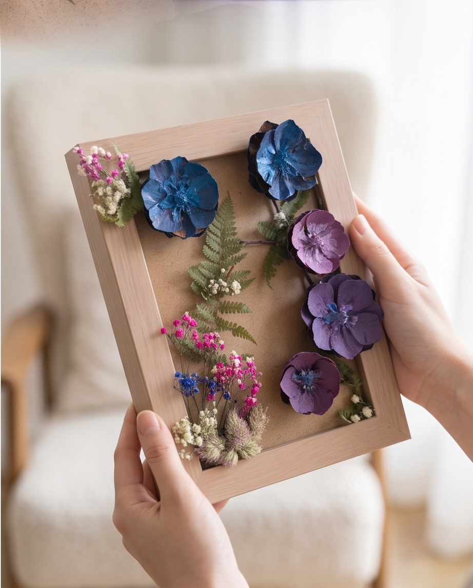 Handmade - Bild mit Blumen im Rahmen | Blumenbild | Tannenzapfen