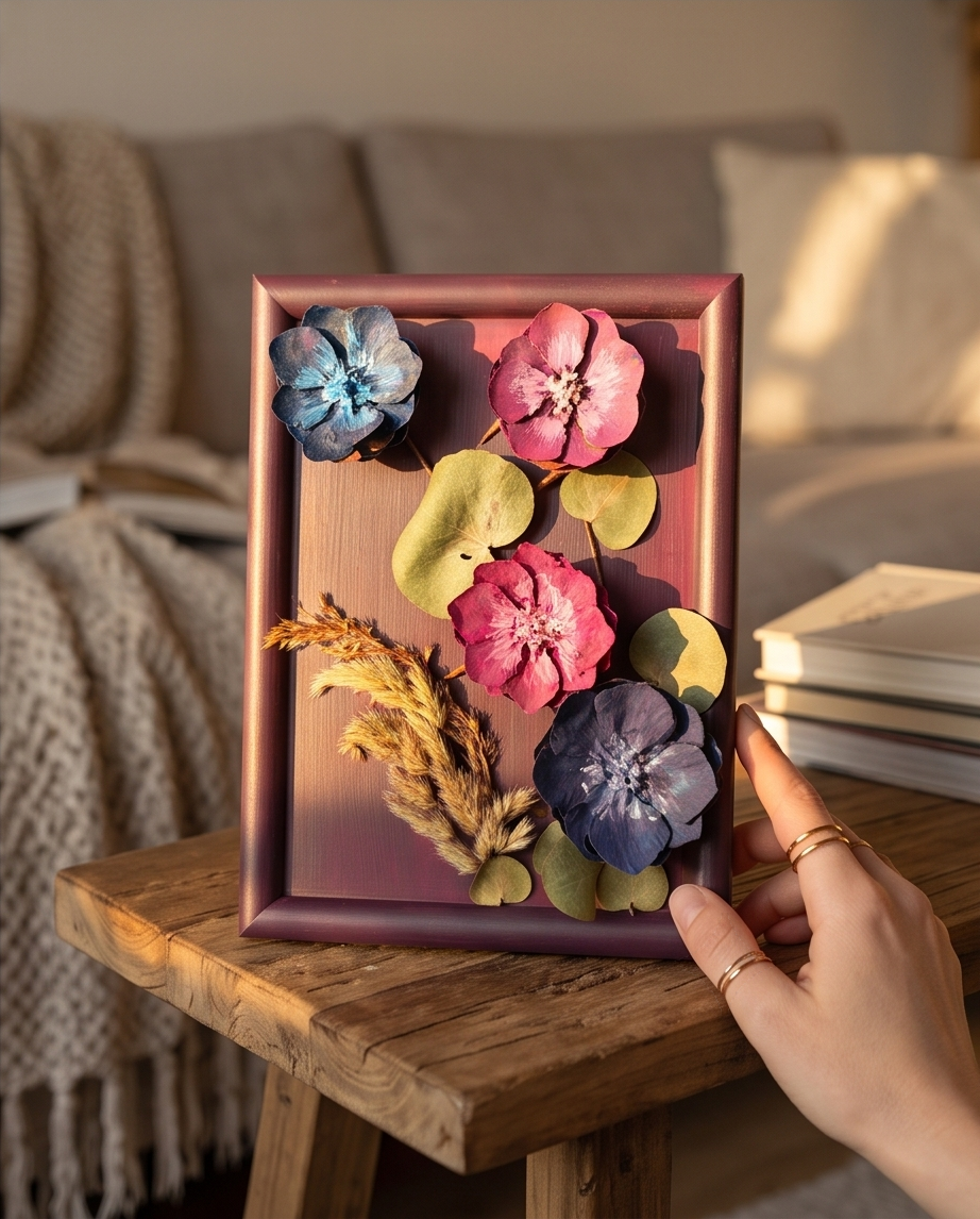 Handmade - Bild mit Blumen im Rahmen | Blumenbild | Tannenzapfen