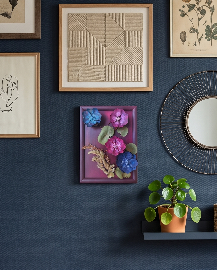 Handmade - Bild mit Blumen im Rahmen | Blumenbild | Tannenzapfen