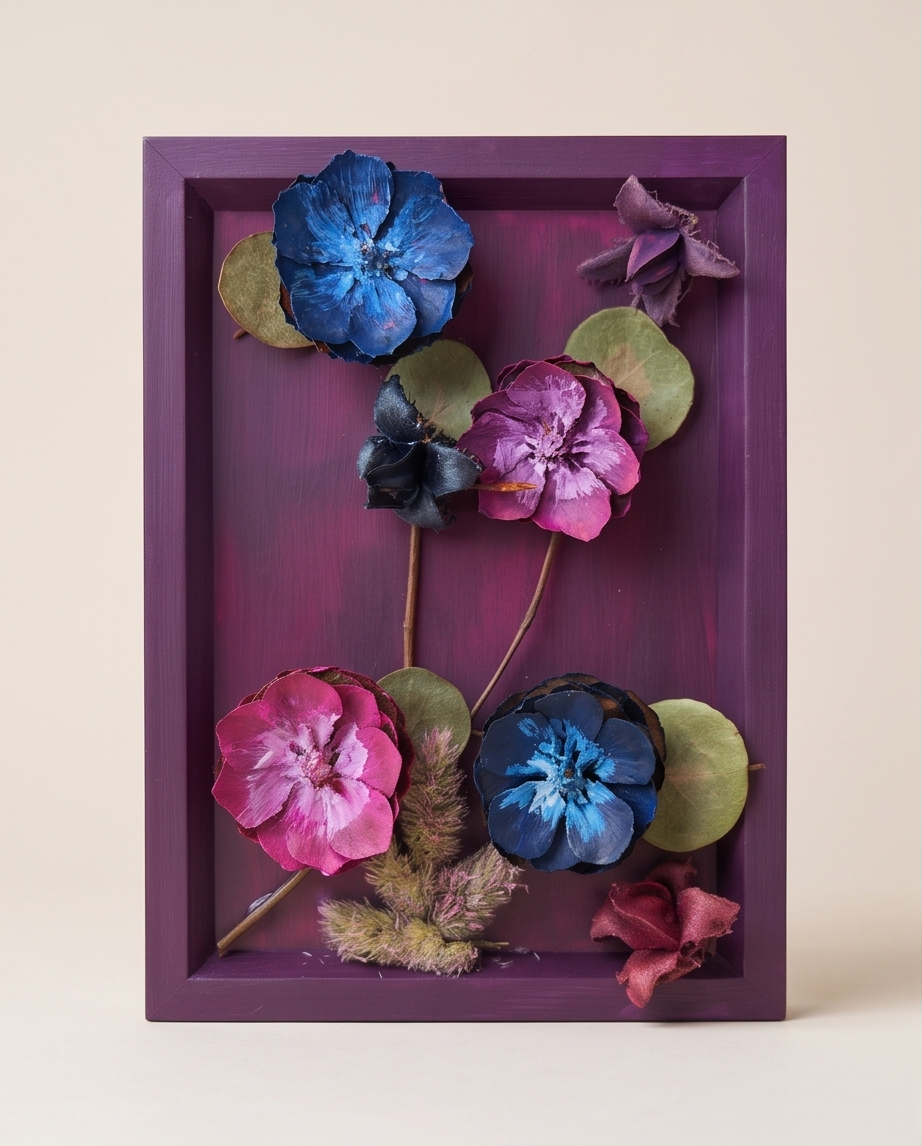 Handmade - Bild mit Blumen im Rahmen | Blumenbild | Tannenzapfen