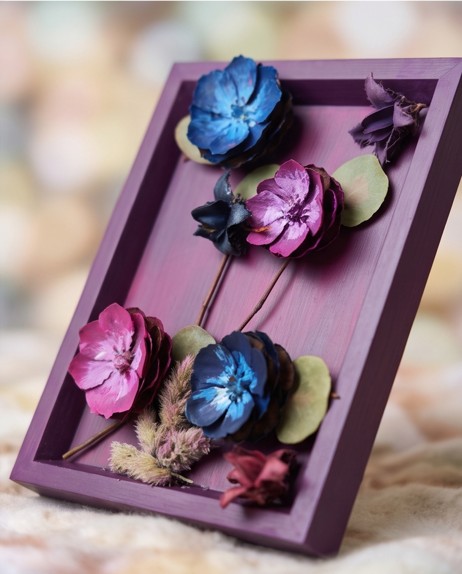 Handmade - Bild mit Blumen im Rahmen | Blumenbild | Tannenzapfen