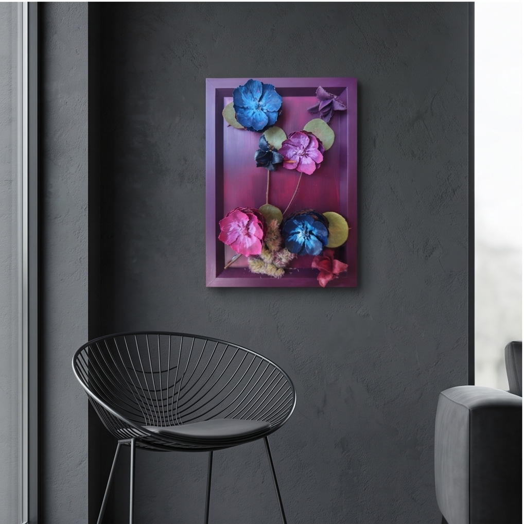 Handmade - Bild mit Blumen im Rahmen | Blumenbild | Tannenzapfen