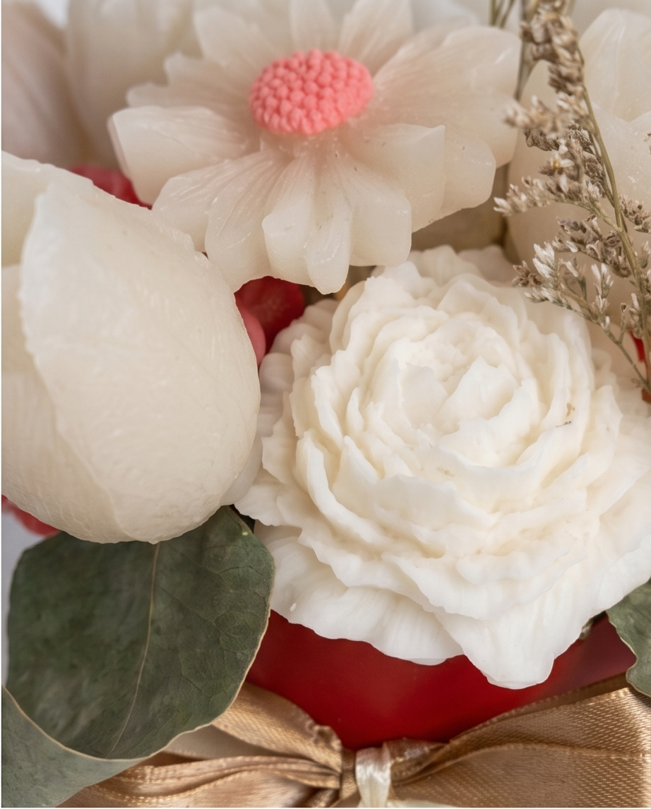 Handmade - Blumen-Bouquet aus Duftwachs – Weiß & Rot | Deko
