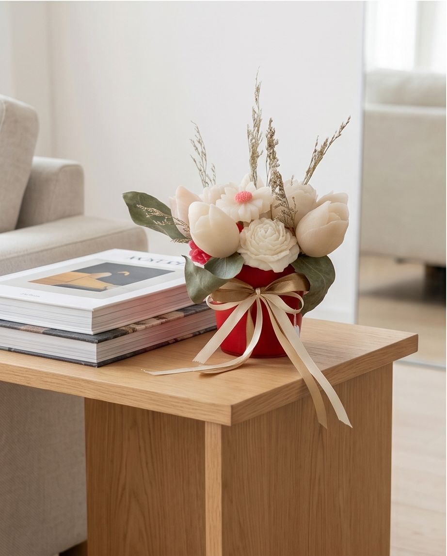 Handmade - Blumen-Bouquet aus Duftwachs – Weiß & Rot | Deko
