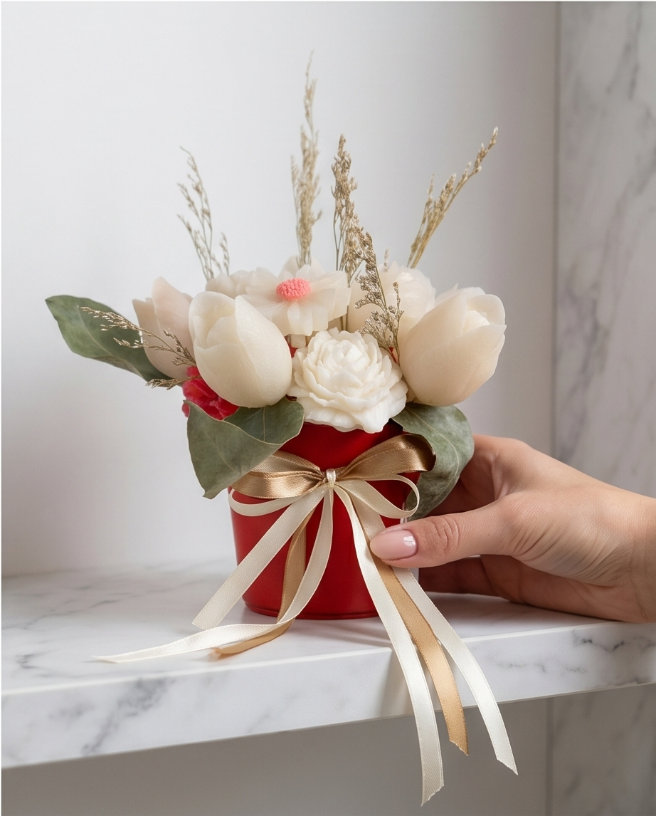 Handmade - Blumen-Bouquet aus Duftwachs – Weiß & Rot | Deko