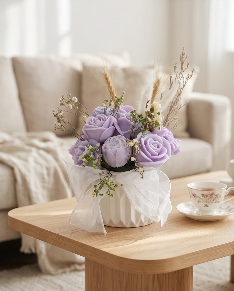 Handmade - Blumen-Bouquet aus Duftwachs – Lilatöne | Deko