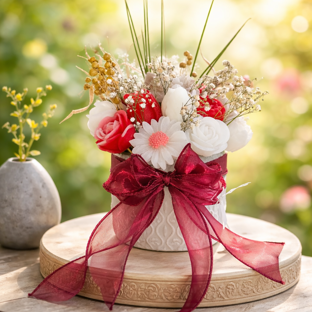 Handmade - Blumen-Bouquet aus Duftwachs – Weiß-Rot | Deko