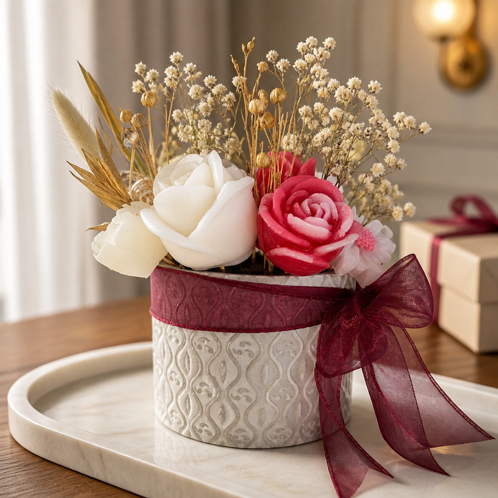 Handmade - Blumen-Bouquet aus Duftwachs – Weiß-Rot | Deko