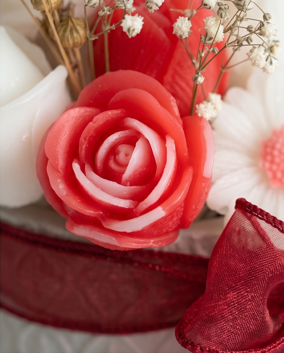 Handmade - Blumen-Bouquet aus Duftwachs – Weiß-Rot | Deko
