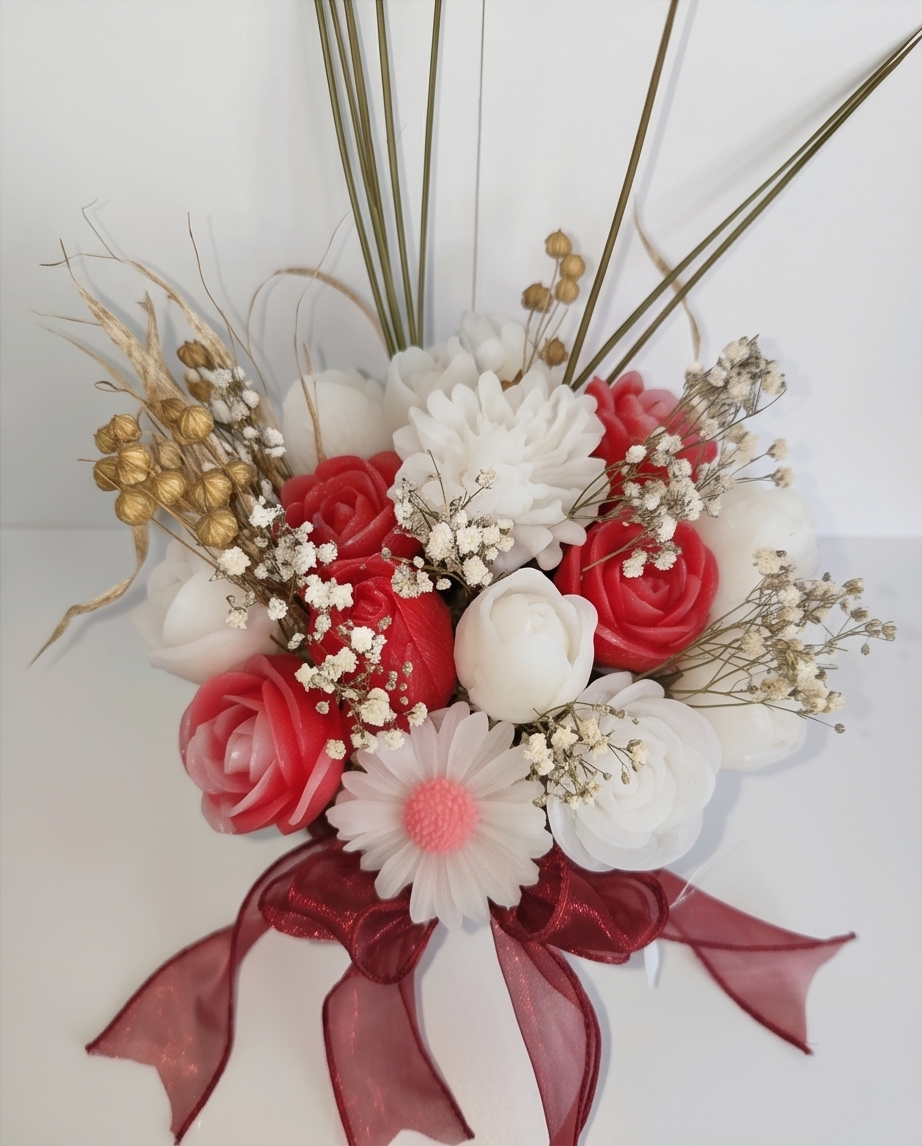 Handmade - Blumen-Bouquet aus Duftwachs – Weiß-Rot | Deko
