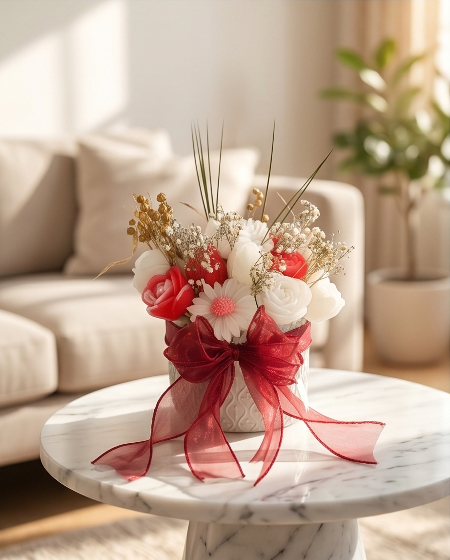 Handmade - Blumen-Bouquet aus Duftwachs – Weiß-Rot | Deko