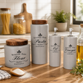 4-teiliges Keramik Vorratsdosen & Spender-Set „Beautiful Home“ – Vintage Landhaus-Stil mit Holzdeckel