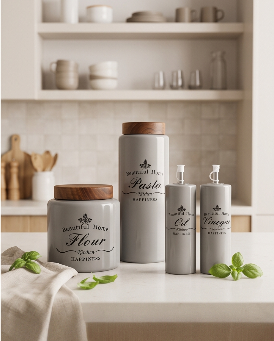 4-teiliges Keramik Vorratsdosen & Spender-Set „Beautiful Home“ – Vintage Landhaus-Stil mit Holzdeckel