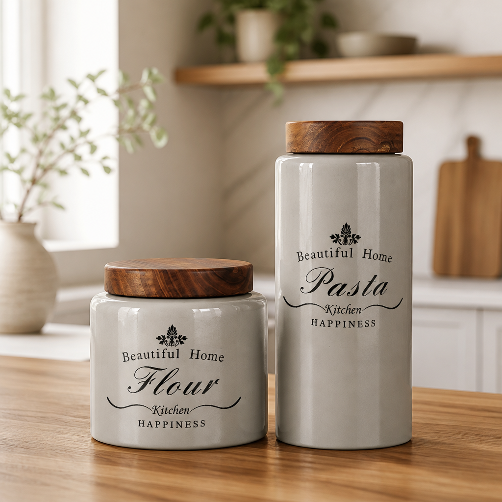 4-teiliges Keramik Vorratsdosen & Spender-Set „Beautiful Home“ – Vintage Landhaus-Stil mit Holzdeckel