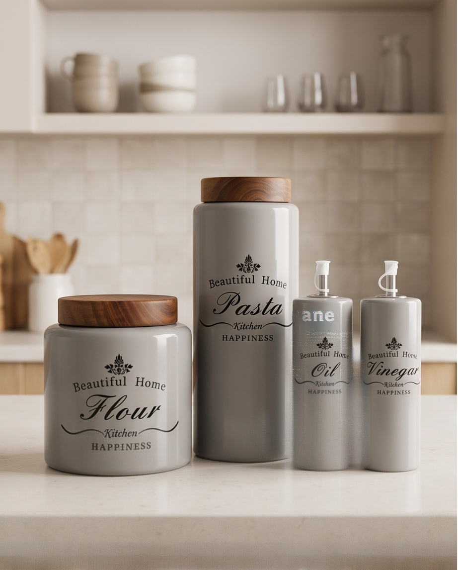 4-teiliges Keramik Vorratsdosen & Spender-Set „Beautiful Home“ – Vintage Landhaus-Stil mit Holzdeckel
