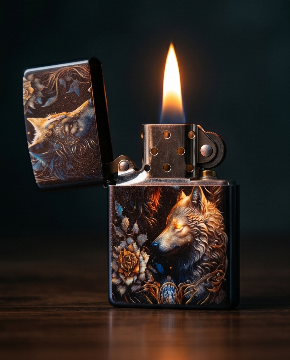 Benzin-Feuerzeug mit Wölfe-Motiv | 2D-Print-Hülle | nachfüllbar
