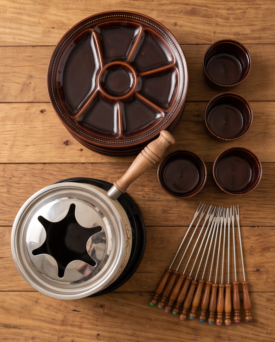 Vintage Fondue-Set „Fondue Gourmet“ 24-teilig – Keramik & Gusseisen (6 Personen)