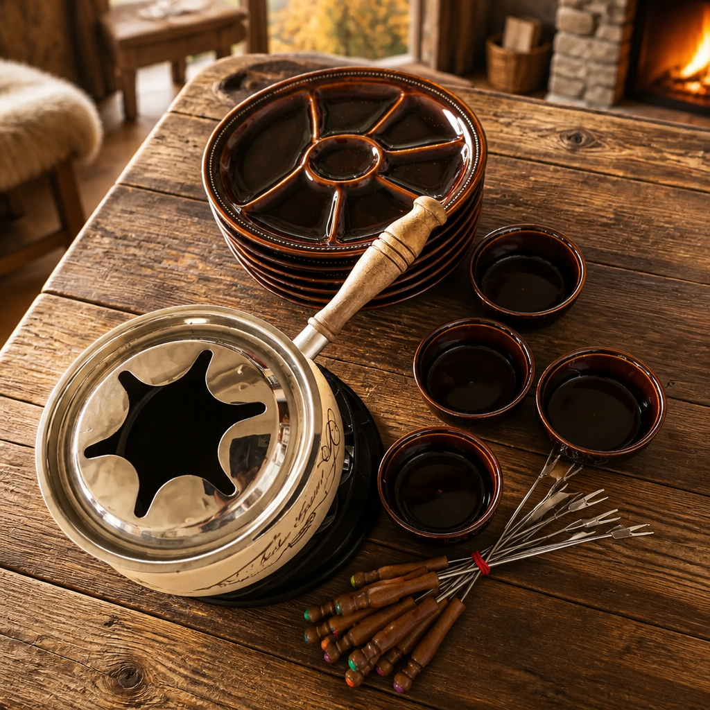 Vintage Fondue-Set „Fondue Gourmet“ 24-teilig – Keramik & Gusseisen (6 Personen)