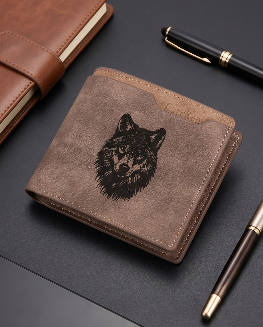 Geldbeutel Herren – Wolfsmotiv Dunkelbraun | PU-Leder von CarrKen