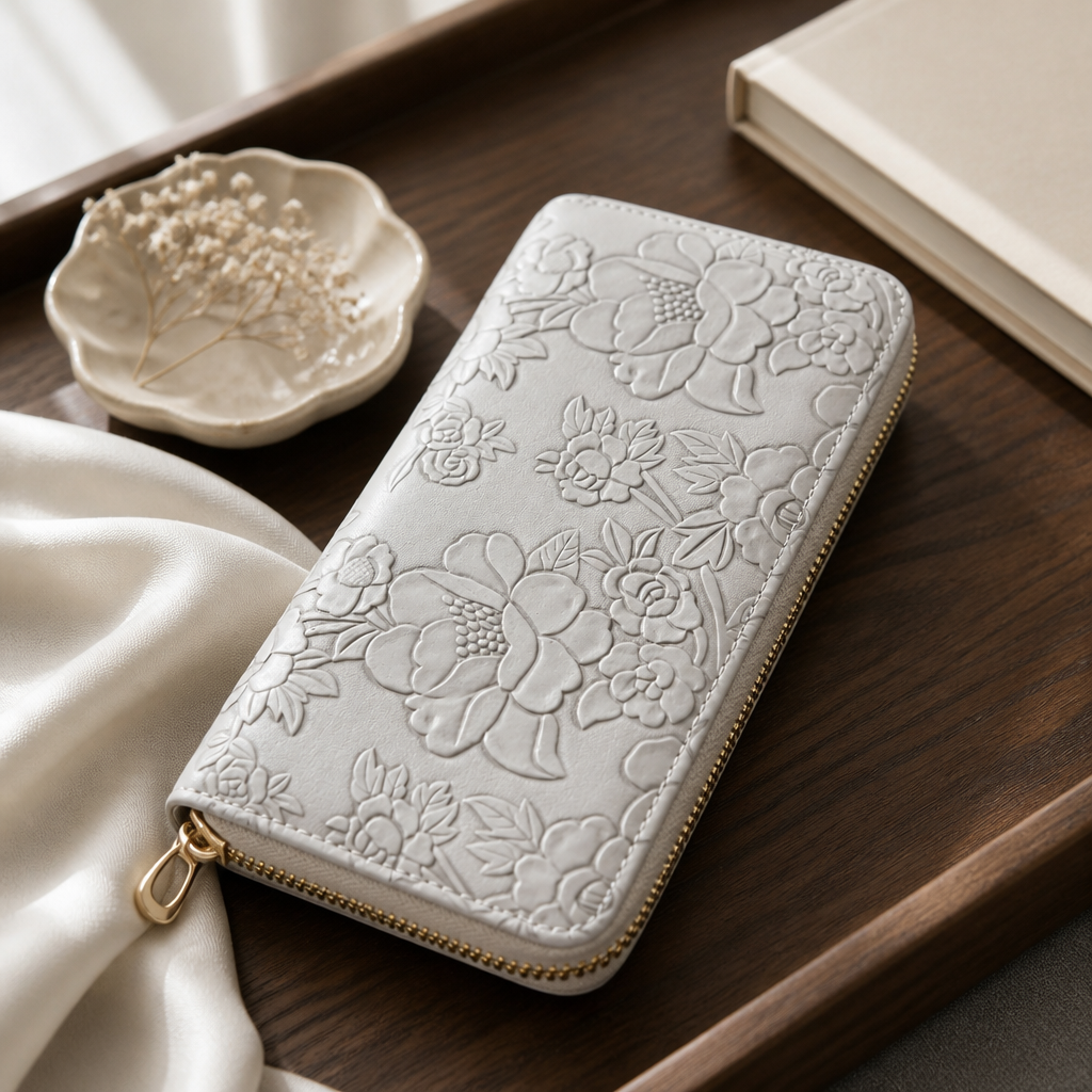 Geldbeutel Damen – Blumenmuster Grau | PU-Leder mit Handschlaufe