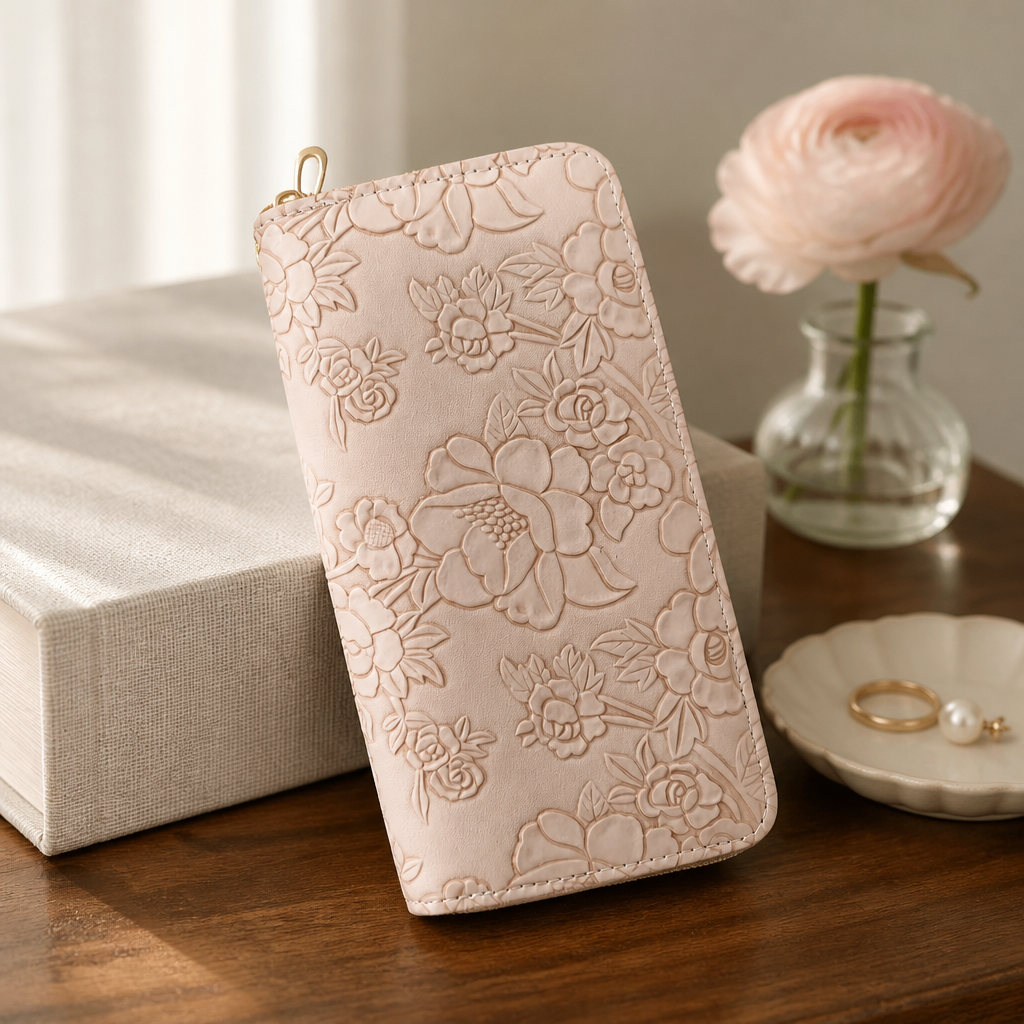 Geldbeutel Damen – Blumenmuster Altrosa | PU-Leder mit Handschlaufe